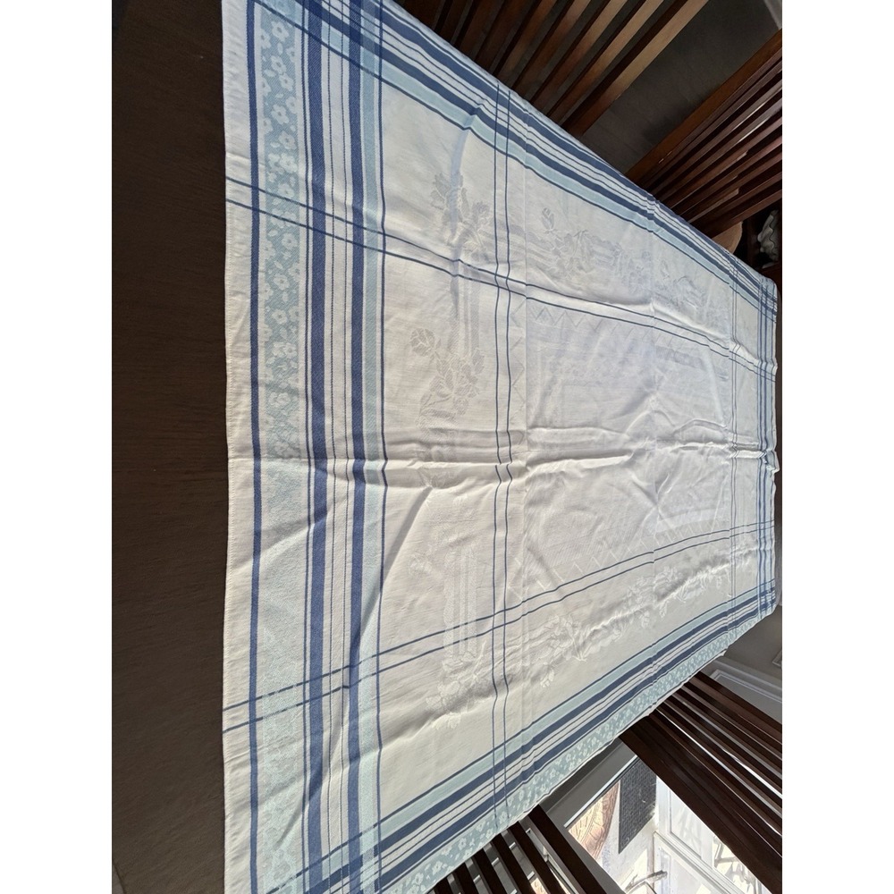 Vintage 70s Table Cloth Flowers/ Stripes Blue White Cottage Cotton 44x62 in